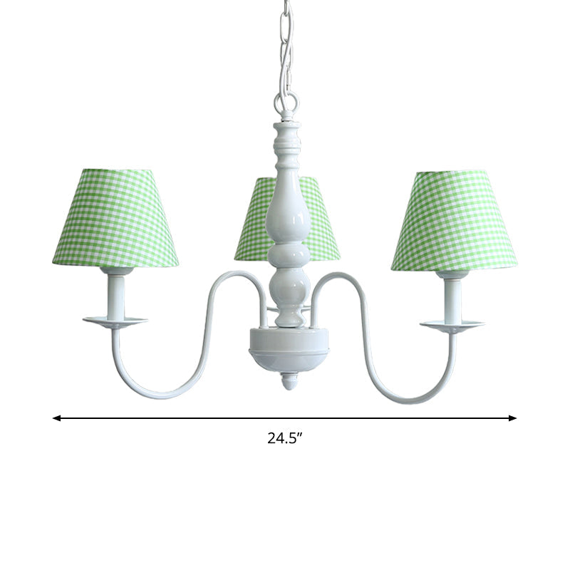 Nordic Kids Chandelier - Restaurant Plaid Fabric Suspension Light with 3 Bulbs