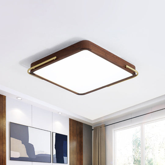Modern LED Ceiling Light with Wood Shade - Brown Square/Rectangle Flush Mount, 13"/19"/27