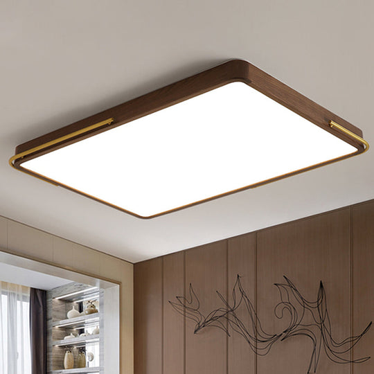 Modern LED Ceiling Light with Wood Shade - Brown Square/Rectangle Flush Mount, 13"/19"/27