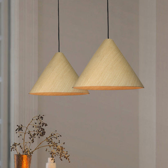 Rustic Red/Beige Hanging Lamp with Conic Wood Shade - 10"/13" Wide