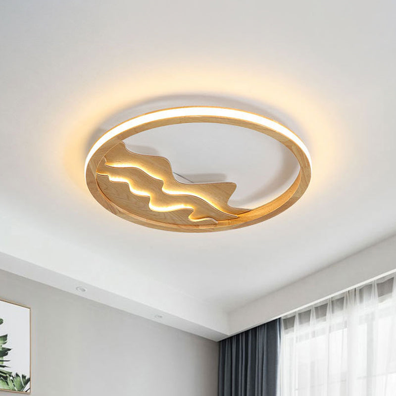 Modern Wood LED Ceiling Light with Landscape Design - 13"/17" Circle Flush Mount Fixture in Beige