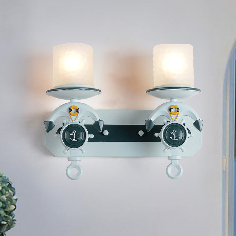 Modern Blue Wall Light with Cylindrical Dimpled Glass Shade - Sleek 1/2-Head Doorway Wall Lighting Solution