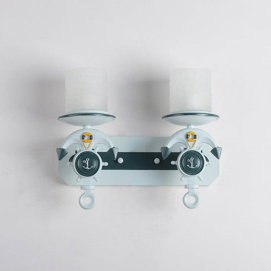 Modern Blue Wall Light with Cylindrical Dimpled Glass Shade - Sleek 1/2-Head Doorway Wall Lighting Solution