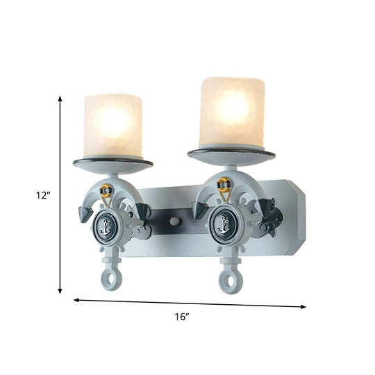 Modern Blue Wall Light with Cylindrical Dimpled Glass Shade - Sleek 1/2-Head Doorway Wall Lighting Solution