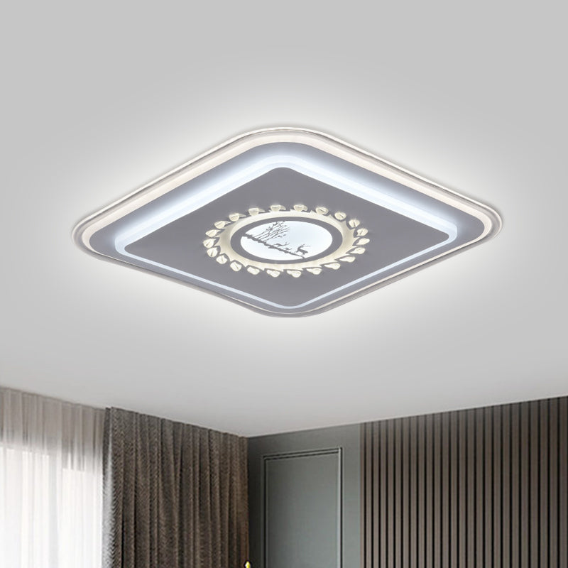 Modern LED Square Acrylic Flush Mount Light – Minimalistic White Ceiling Lighting with Floral/Plum Blossom/Deer Pattern