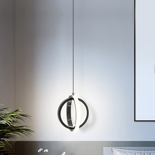 Modern LED Mini Pendant - Black/White Crossed Ring Down Suspension Light with Metallic Shade