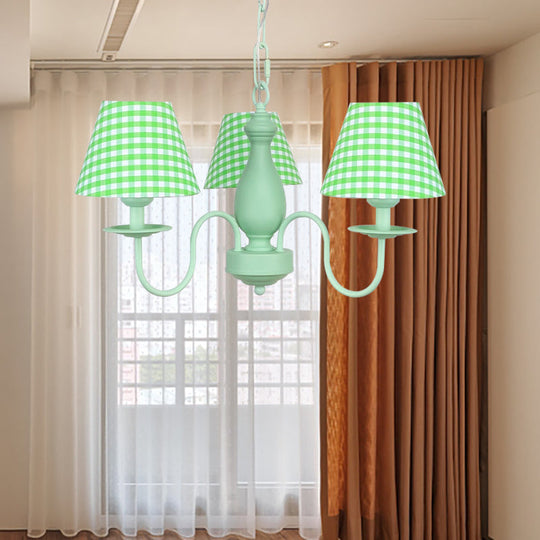 Modern Green Plaid Shade Chandelier - 3 Bulb Kids Hanging Light - Bedroom Décor