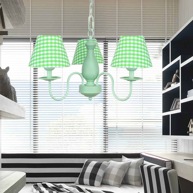Modern Green Plaid Shade Chandelier - 3 Bulb Kids Hanging Light - Bedroom Décor