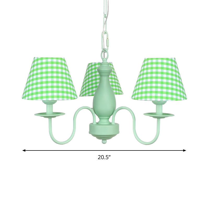 Modern Green Plaid Shade Chandelier - 3 Bulb Kids Hanging Light - Bedroom Décor