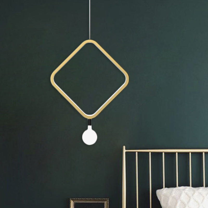 Minimal LED Hanging Lamp in Brass with Milk Glass Shade for Bedside, Warm/White Light - Round/Rhombus
