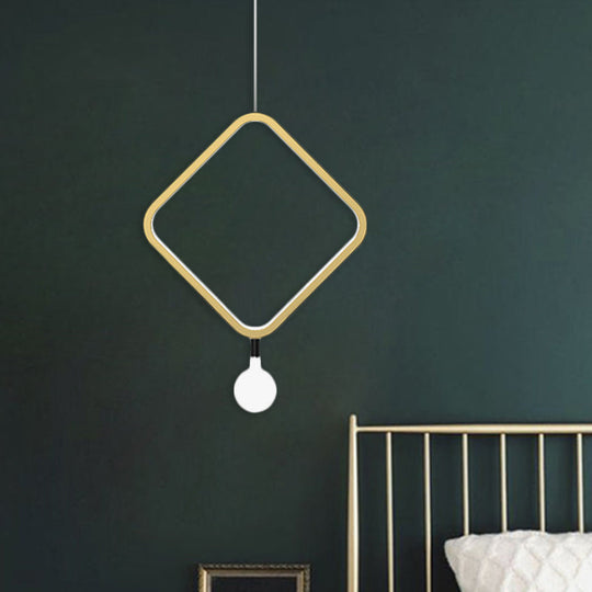 Minimal LED Hanging Lamp in Brass with Milk Glass Shade for Bedside, Warm/White Light - Round/Rhombus