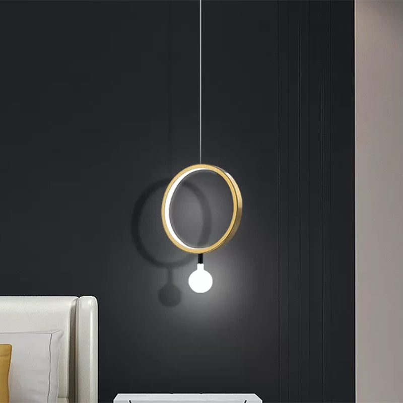 Minimal LED Hanging Lamp in Brass with Milk Glass Shade for Bedside, Warm/White Light - Round/Rhombus