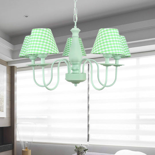 Green Macaron Loft Plaid Shade Chandelier - Metal 4-Light Hanging Light for Nursing Room