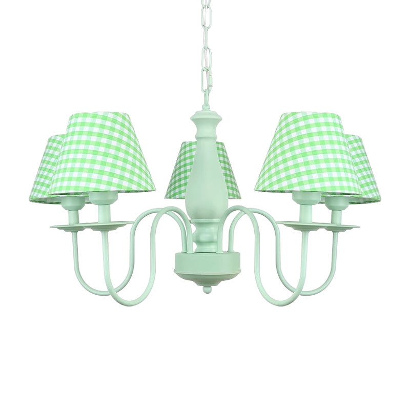 Green Macaron Loft Plaid Shade Chandelier - Metal 4-Light Hanging Light for Nursing Room