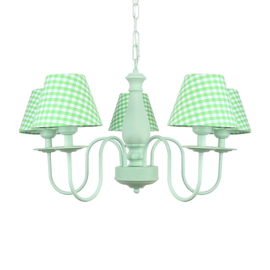 Green Macaron Loft Plaid Shade Chandelier - Metal 4-Light Hanging Light for Nursing Room