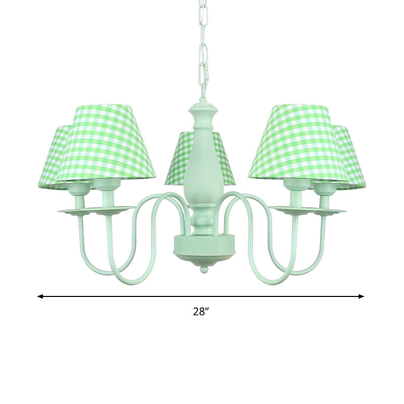 Green Macaron Loft Plaid Shade Chandelier - Metal 4-Light Hanging Light for Nursing Room