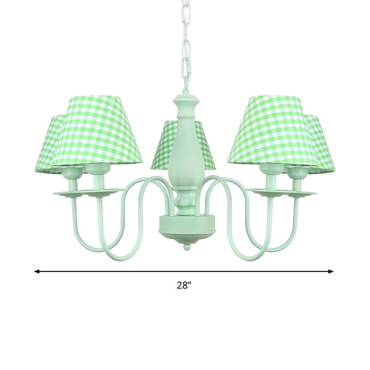 Green Macaron Loft Plaid Shade Chandelier - Metal 4-Light Hanging Light for Nursing Room