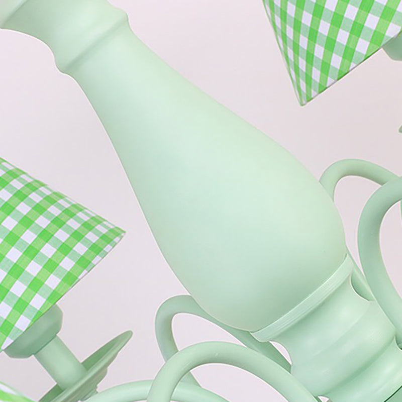 Green Macaron Loft Plaid Shade Chandelier - Metal 4-Light Hanging Light for Nursing Room