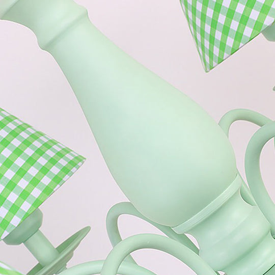 Green Macaron Loft Plaid Shade Chandelier - Metal 4-Light Hanging Light for Nursing Room