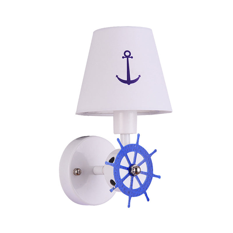 White Fabric Tapered Shade Wall Light Sconce with Rudder Decor - Kids Single Head Wall Lighting