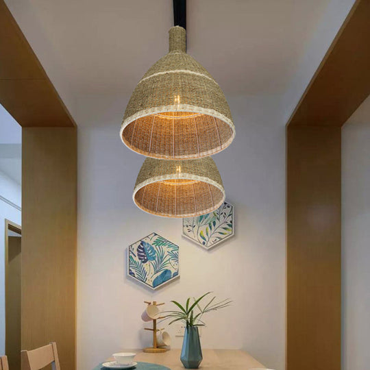 1-Light Beige Warehouse Hanging Lamp Kit with Rattan Shade