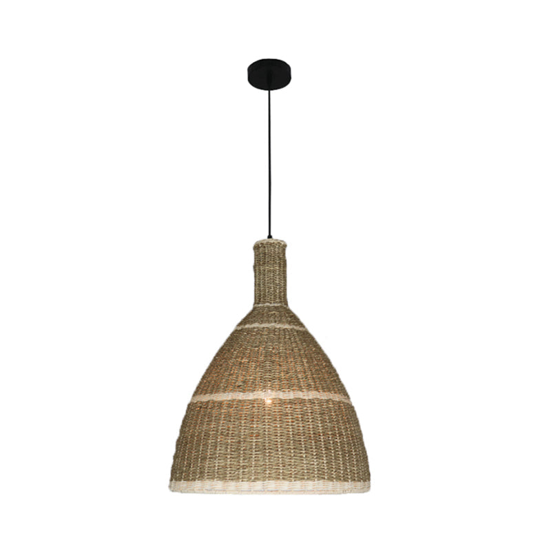1-Light Beige Warehouse Hanging Lamp Kit with Rattan Shade
