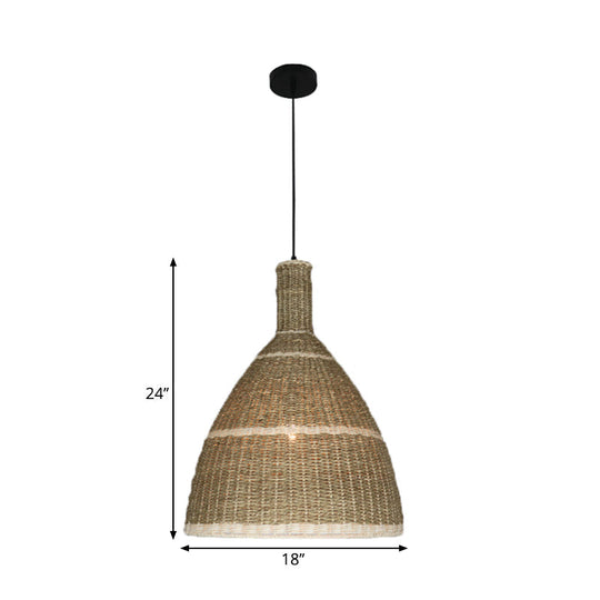 1-Light Beige Warehouse Hanging Lamp Kit with Rattan Shade