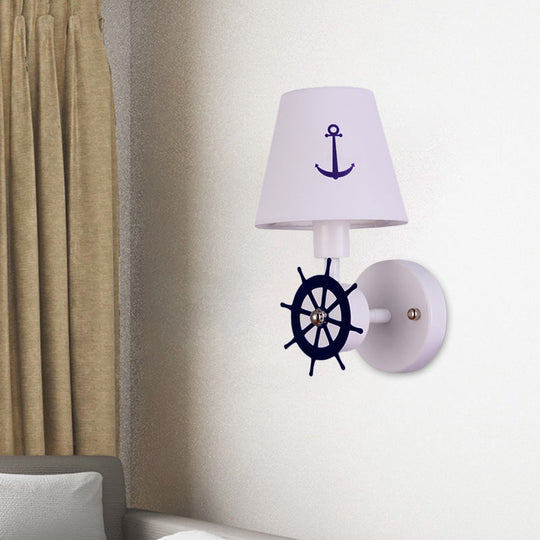 Kids Bedchamber Wall Sconce with White Fabric Shade and Single Bulb