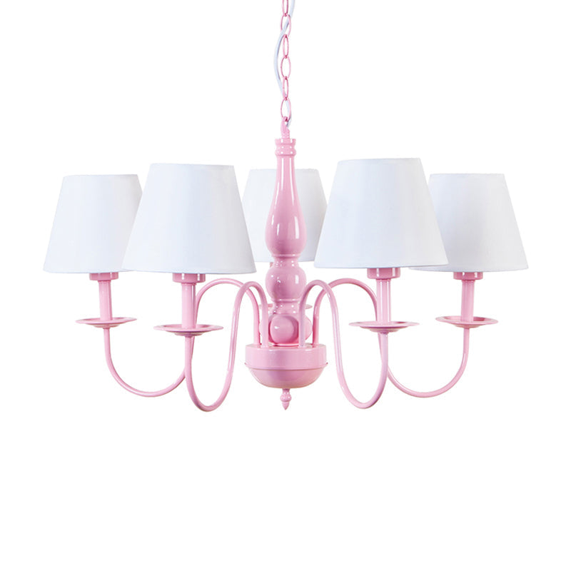 Kids Tapered Shade Chandelier - 5-Head Metal Light in Pink & White for Kindergarten