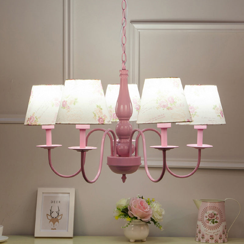Blossom Hanging Lamp: 5-Bulb Metal Chandelier with Fabric Shade in Pink - Perfect for Kindergarten