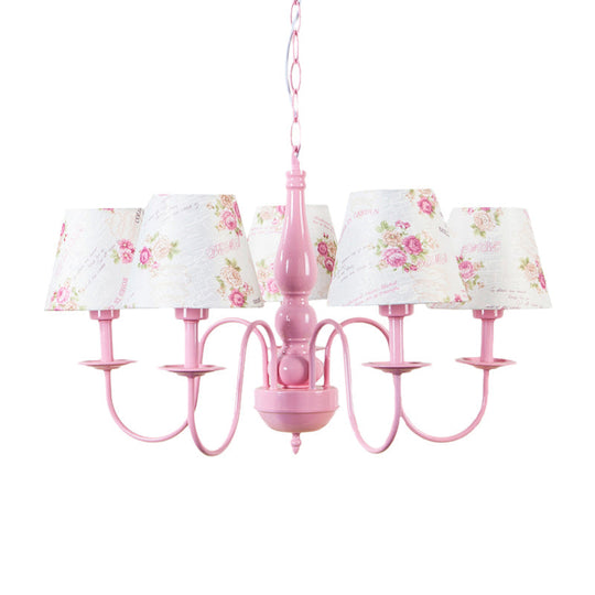 Blossom Hanging Lamp: 5-Bulb Metal Chandelier with Fabric Shade in Pink - Perfect for Kindergarten