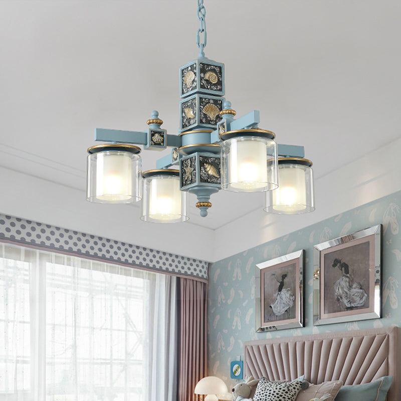 Modern Sky Blue Dual Cylinder Chandelier with Nordic Design - 4 Bulbs Clear and Opal Glass Down Lighting