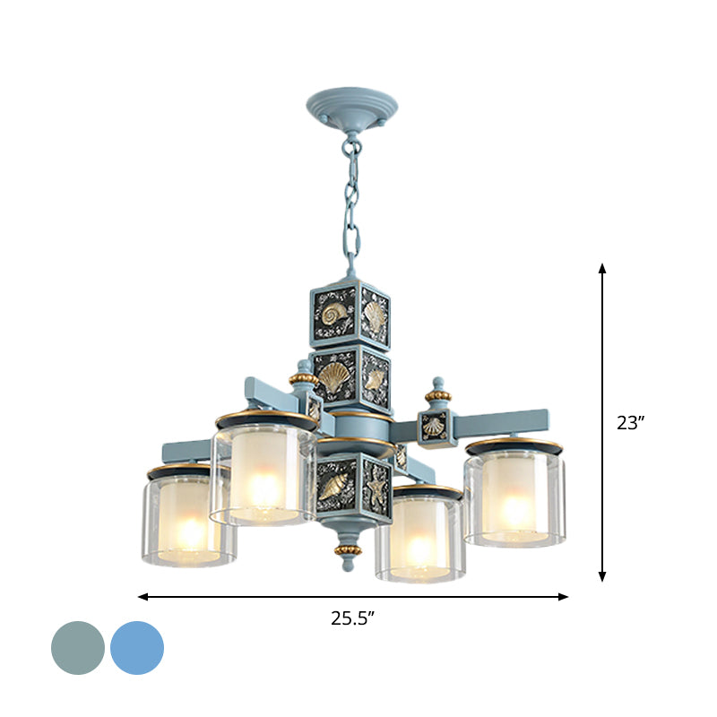 Modern Sky Blue Dual Cylinder Chandelier with Nordic Design - 4 Bulbs Clear and Opal Glass Down Lighting