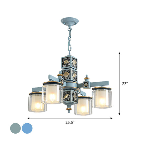Modern Sky Blue Dual Cylinder Chandelier with Nordic Design - 4 Bulbs Clear and Opal Glass Down Lighting