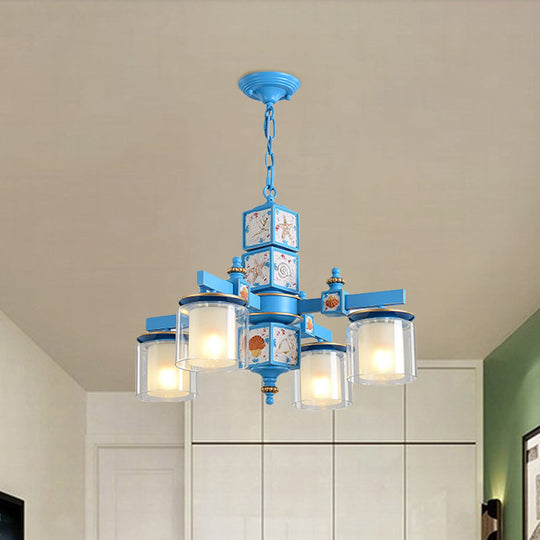 Modern Sky Blue Dual Cylinder Chandelier with Nordic Design - 4 Bulbs Clear and Opal Glass Down Lighting