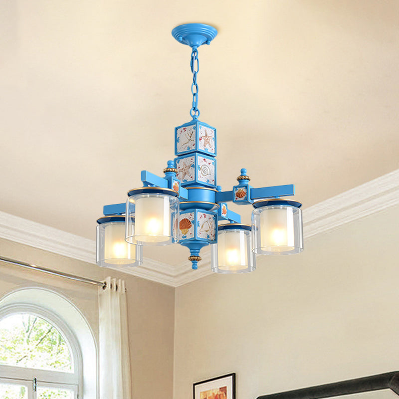 Modern Sky Blue Dual Cylinder Chandelier with Nordic Design - 4 Bulbs Clear and Opal Glass Down Lighting