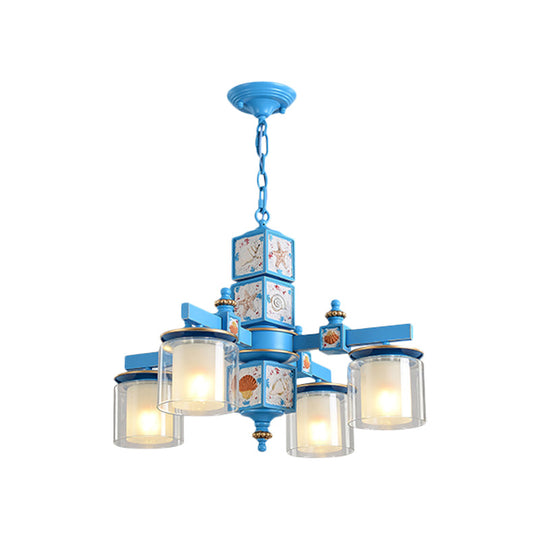 Modern Sky Blue Dual Cylinder Chandelier with Nordic Design - 4 Bulbs Clear and Opal Glass Down Lighting
