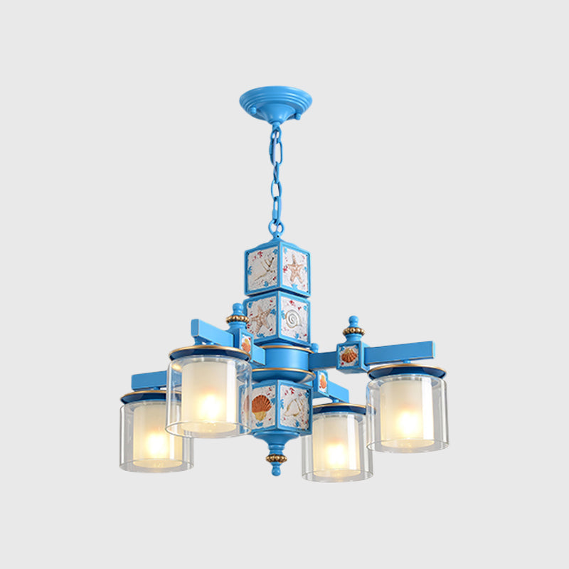Modern Sky Blue Dual Cylinder Chandelier with Nordic Design - 4 Bulbs Clear and Opal Glass Down Lighting