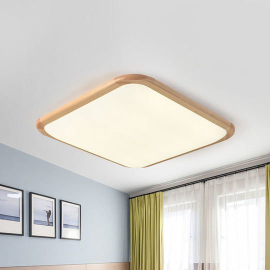 LED Parlor Ceiling Lamp, Simple Beige Flush Mount Fixture with Wood Shade in Warm/White Light, 14"/18"/23" Width