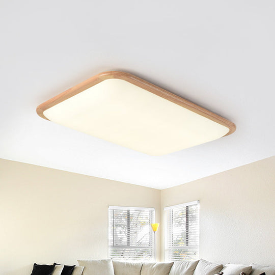 LED Parlor Ceiling Lamp, Simple Beige Flush Mount Fixture with Wood Shade in Warm/White Light, 14"/18"/23" Width