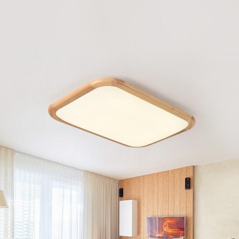 LED Parlor Ceiling Lamp, Simple Beige Flush Mount Fixture with Wood Shade in Warm/White Light, 14"/18"/23" Width
