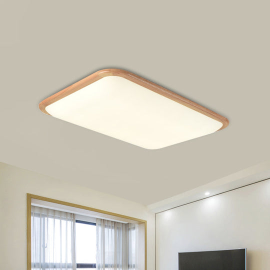 LED Parlor Ceiling Lamp, Simple Beige Flush Mount Fixture with Wood Shade in Warm/White Light, 14"/18"/23" Width
