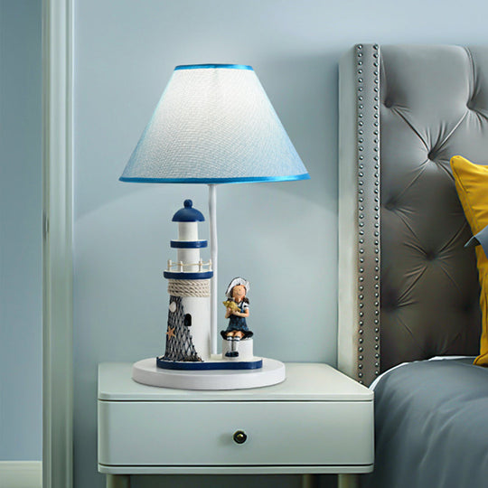 Blue Cartoon Girl/Boy Barrel Shade Night Light: Kids Fabric Table Lamp with Lighthouse Decor