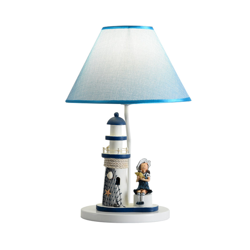 Blue Cartoon Girl/Boy Barrel Shade Night Light: Kids Fabric Table Lamp with Lighthouse Decor
