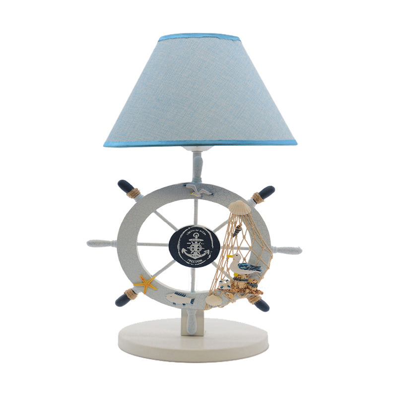 Blue Cartoon Cone Table Light: 1-Bulb Fabric Nightstand Lighting with Wooden Rudder Base