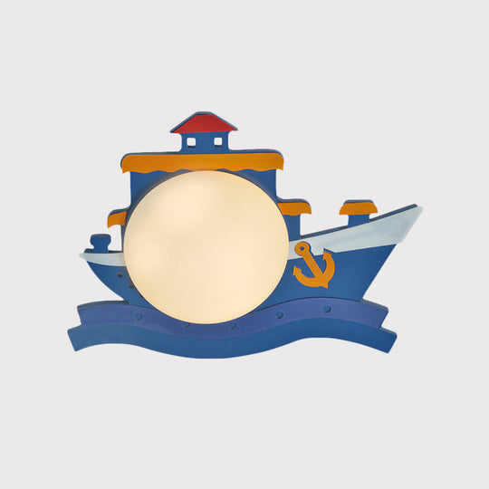 Pirate Ship Wooden LED Wall Sconce with Opal Glass Shade for Kids in Pink/Blue