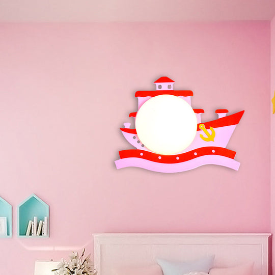 Pirate Ship Wooden LED Wall Sconce with Opal Glass Shade for Kids in Pink/Blue