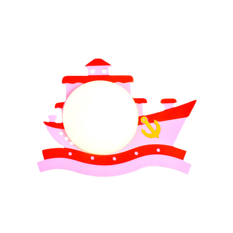 Pirate Ship Wooden LED Wall Sconce with Opal Glass Shade for Kids in Pink/Blue