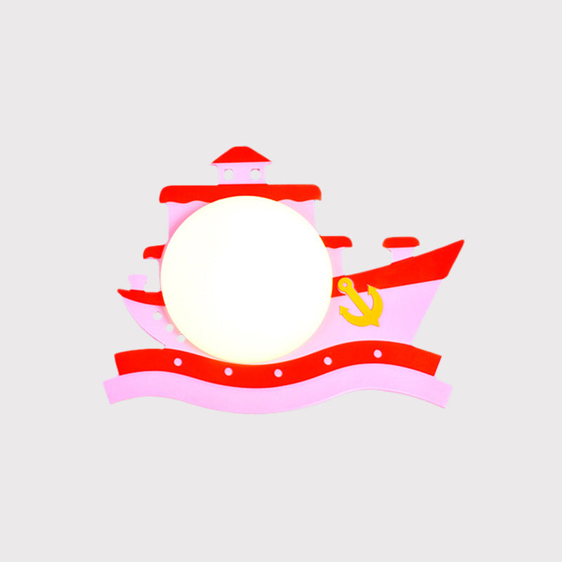 Pirate Ship Wooden LED Wall Sconce with Opal Glass Shade for Kids in Pink/Blue