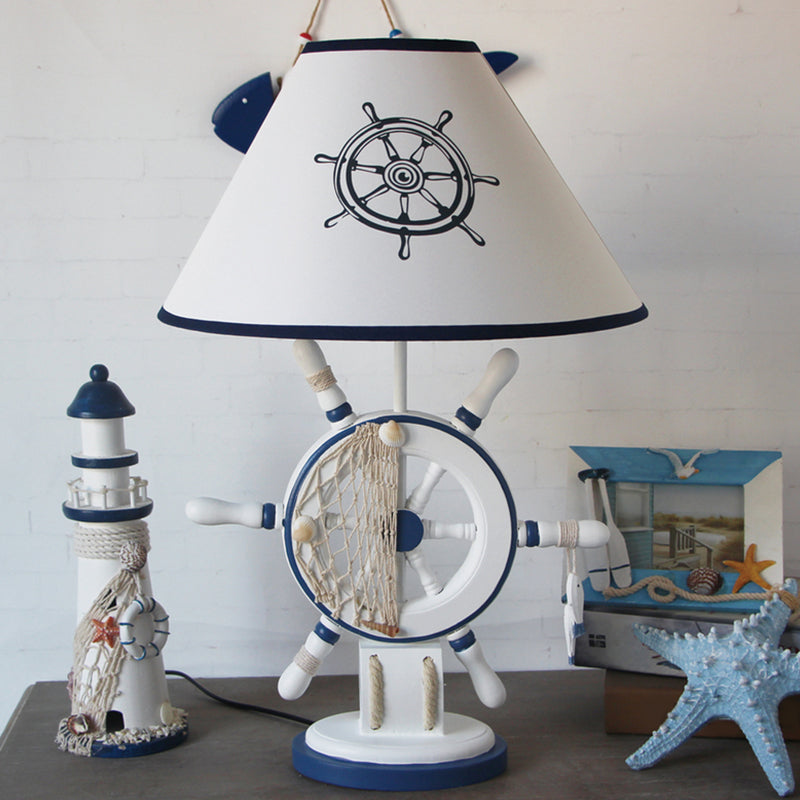 White Tapered Nightstand Lamp for Kids - 1-Light Fabric Table Lighting with Rudder/Lighthouse Base